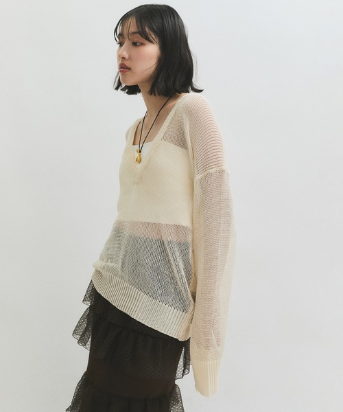 ADAM ET ROPE' tシャツ シアーVネックトップス レディース