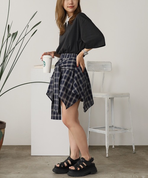 ROOP TOKYO スカート Check skirt with waist-wrap style design