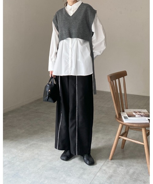She's Closet ベスト ジレ ショート丈深vネックサイドリボンニット