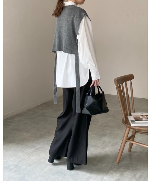 She's Closet ベスト ジレ ショート丈深vネックサイドリボンニット