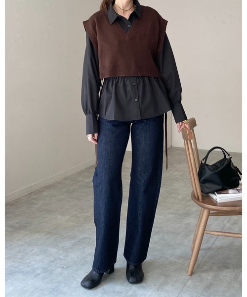 She's Closet ベスト ジレ ショート丈深vネックサイドリボンニット
