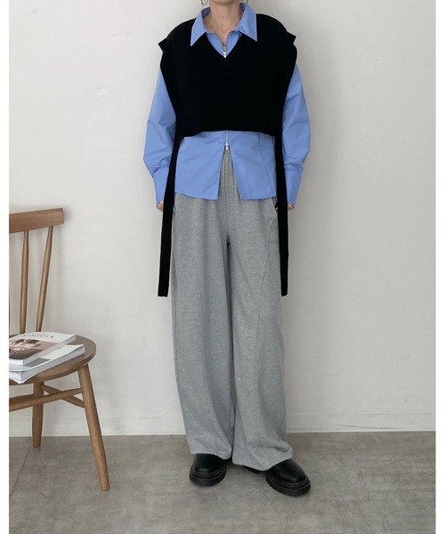 She's Closet ベスト ジレ ショート丈深vネックサイドリボンニット