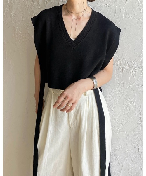 She's Closet ベスト ジレ ショート丈深vネックサイドリボンニット