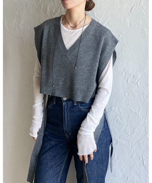 She's Closet ベスト ジレ ショート丈深vネックサイドリボンニット