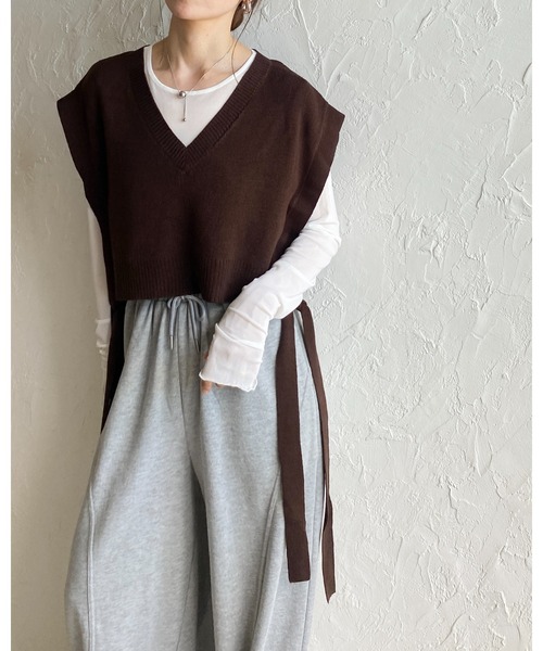 She's Closet ベスト ジレ ショート丈深vネックサイドリボンニット