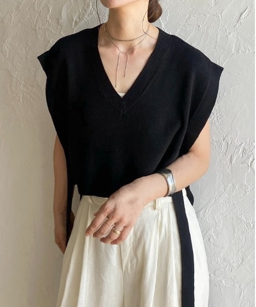 She's Closet ベスト ジレ ショート丈深vネックサイドリボンニット