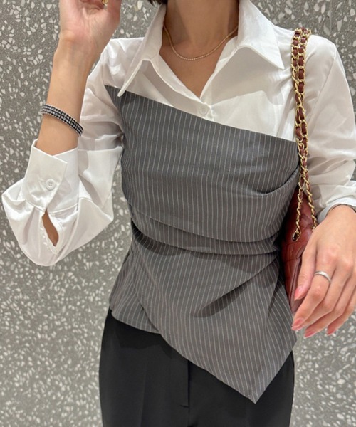 ブラウス シャツ ピンストライプビスチェ風ドッキングシャツブラウス