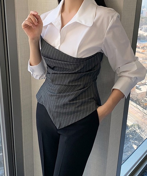 ブラウス シャツ ピンストライプビスチェ風ドッキングシャツブラウス