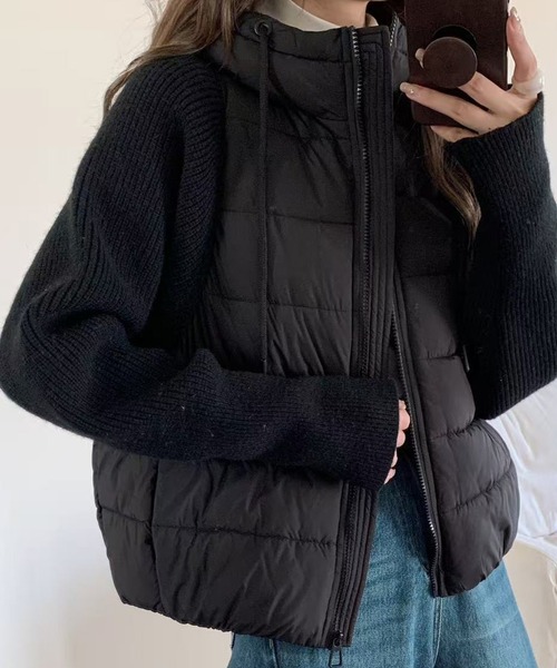 Diosfront ダウンコート ダウンジャケット 異素材ニット袖切替フーディ