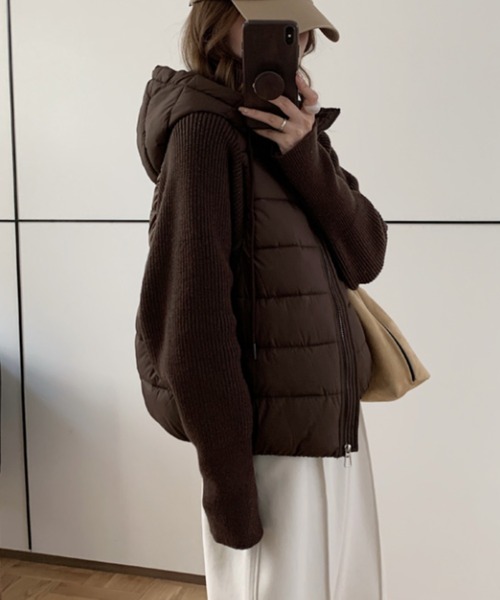 Diosfront ダウンコート ダウンジャケット 異素材ニット袖切替フーディ