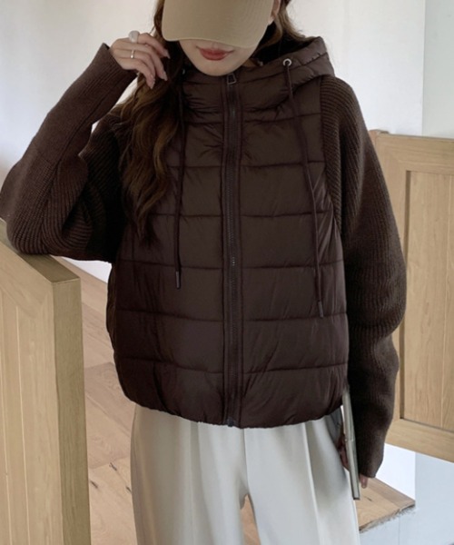 Diosfront ダウンコート ダウンジャケット 異素材ニット袖切替フーディ