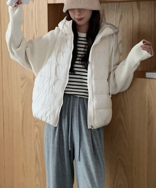 Diosfront ダウンコート ダウンジャケット 異素材ニット袖切替フーディ