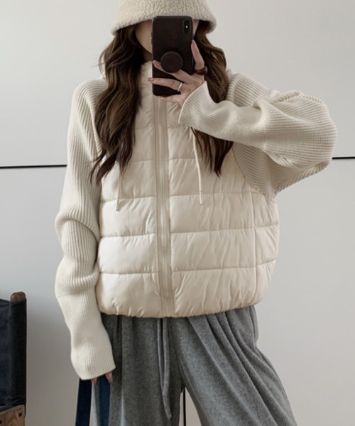 Diosfront ダウンコート ダウンジャケット 異素材ニット袖切替フーディ
