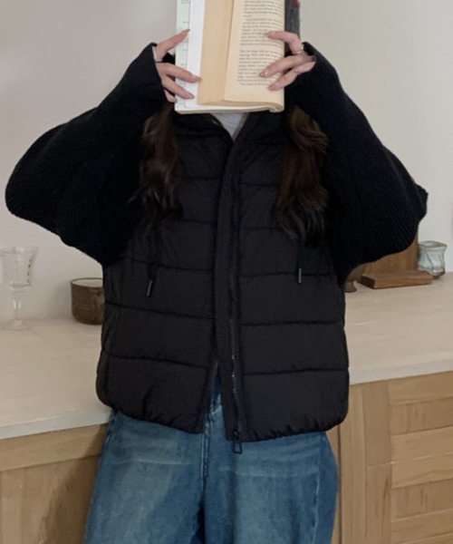 Diosfront ダウンコート ダウンジャケット 異素材ニット袖切替フーディ