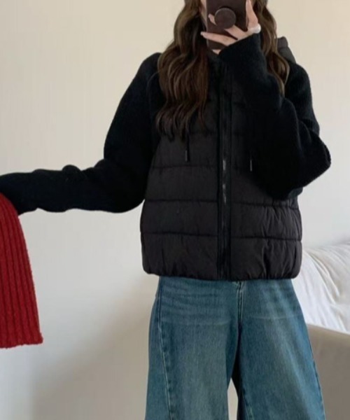 Diosfront ダウンコート ダウンジャケット 異素材ニット袖切替フーディ