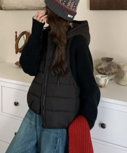 Diosfront ダウンコート ダウンジャケット 異素材ニット袖切替フーディ