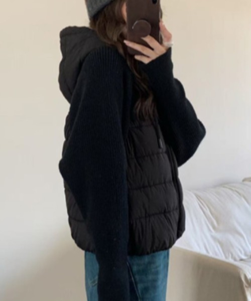 Diosfront ダウンコート ダウンジャケット 異素材ニット袖切替フーディ