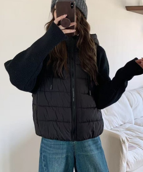 Diosfront ダウンコート ダウンジャケット 異素材ニット袖切替フーディ