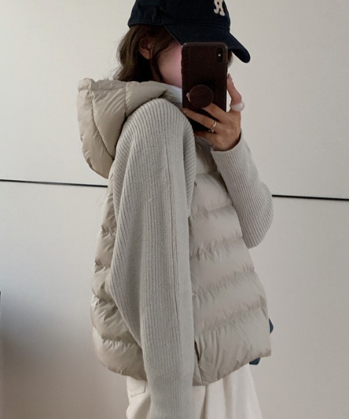 Diosfront ダウンコート ダウンジャケット 異素材ニット袖切替フーディ