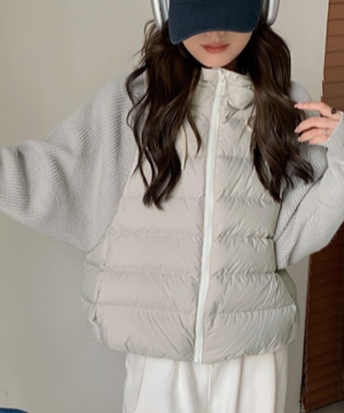 Diosfront ダウンコート ダウンジャケット 異素材ニット袖切替フーディ