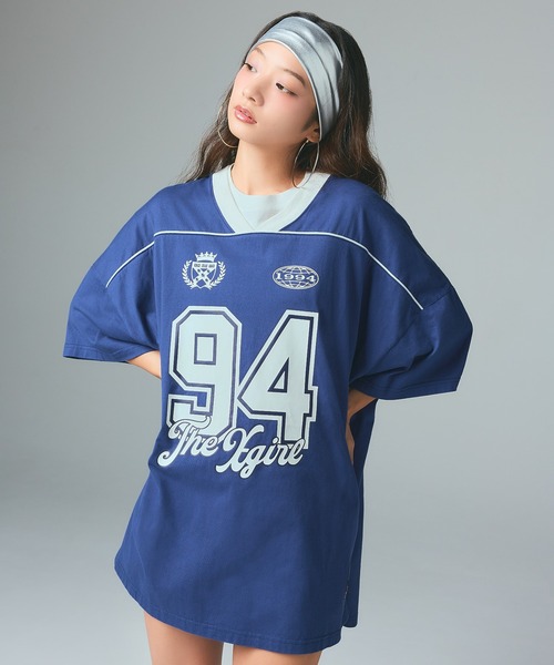 X-girl（エックスガール） ワンピース 半袖 FACE LABEL NUMBER BIG TEE