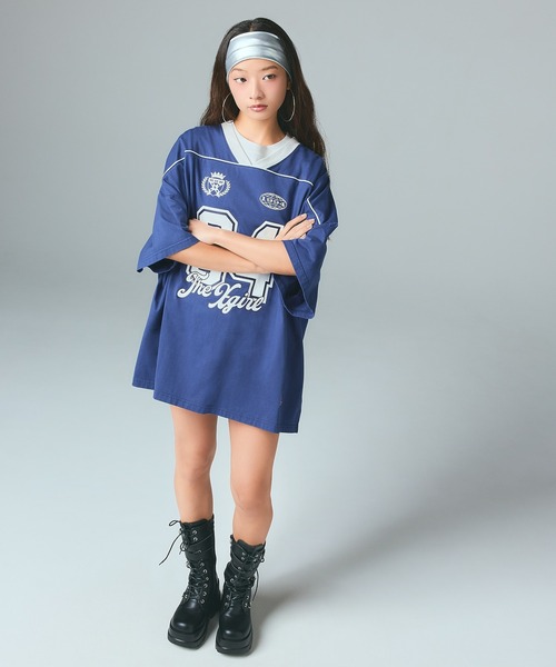 X-girl（エックスガール） ワンピース 半袖 FACE LABEL NUMBER BIG TEE