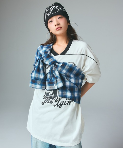 X-girl（エックスガール） ワンピース 半袖 FACE LABEL NUMBER BIG TEE