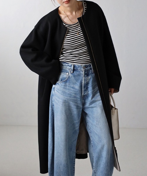 「＆HALF」 ノーカラーコート M ベージュ レディース_画像5