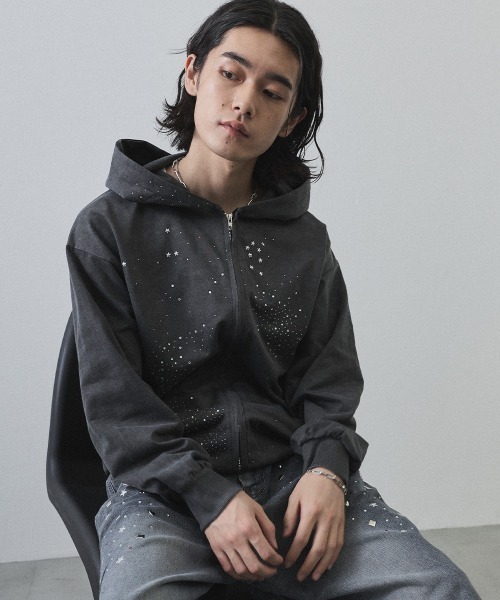 Stone  ブラック フーディ 2007年 Shoowtime（ショウタイム） パーカー Vintage Wash Rhinestone Zip