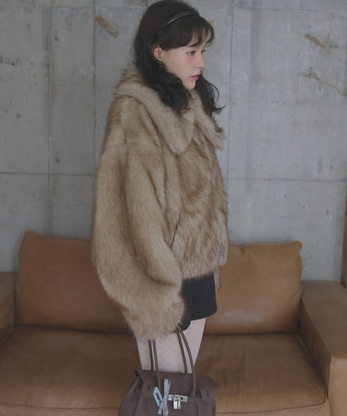 Mili affinity コート アウター ビックカラーフェイクファージャケット mili affinity フェイクファー フーデッドジャケット ベージュ