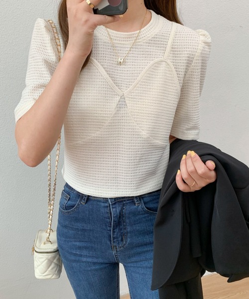 Diosfront tシャツ 半袖 ビスチェレイヤード風トップス レディース
