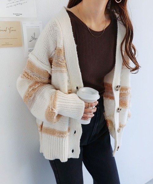 andme（アンドミー） カーディガン クラッシュ編みボーダーニット