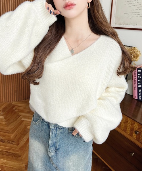 ニット セーター カシュクールシャギーニットプルオーバー レディース