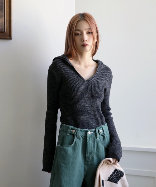 tシャツ スリムフィットVネックカラーラメニット レディース UNE MANSION tシャツ スリムフィットVネックカラーラメニット