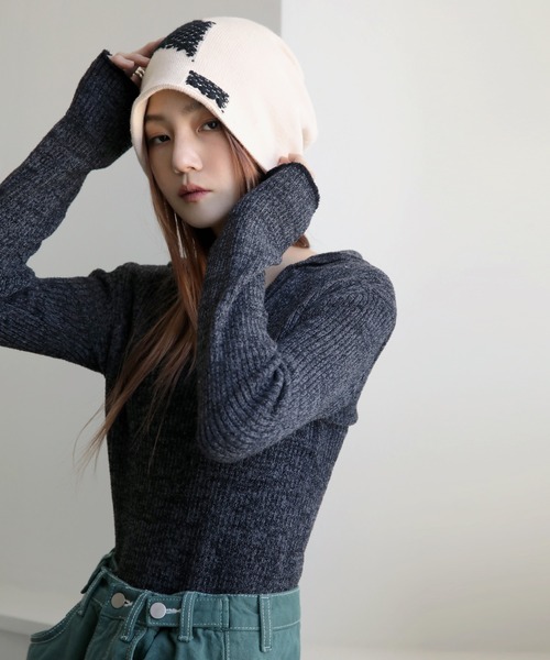 tシャツ スリムフィットVネックカラーラメニット レディース UNE MANSION tシャツ スリムフィットVネックカラーラメニット