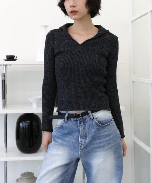 tシャツ スリムフィットVネックカラーラメニット レディース UNE MANSION tシャツ スリムフィットVネックカラーラメニット