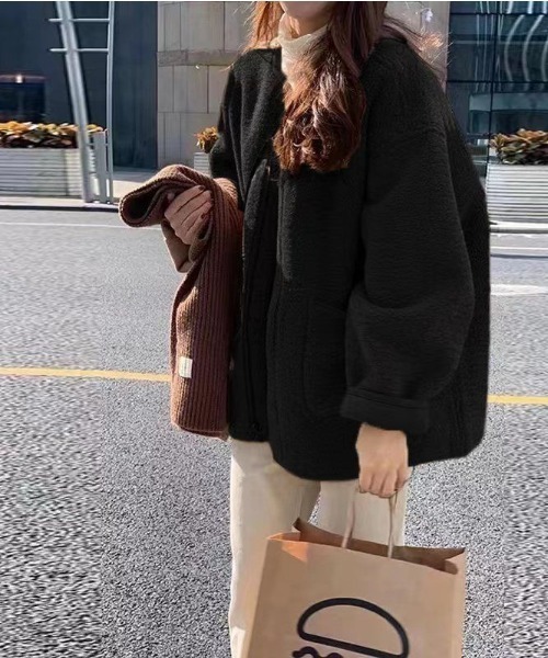 aimoha ジャケット ノーカラージャケット ゆったりボアトッパー