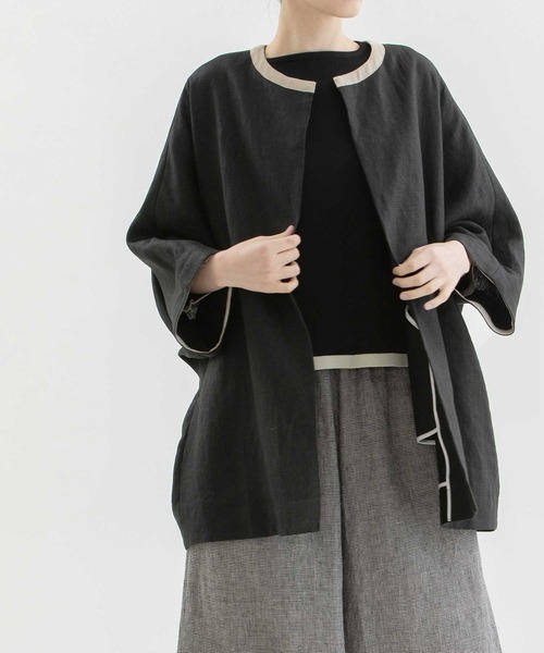 美品 ノップドゥノッド nop de nod リネンノーカラージャケットブラック ノップドゥノッド nop de nod リネンコットンノーカラー