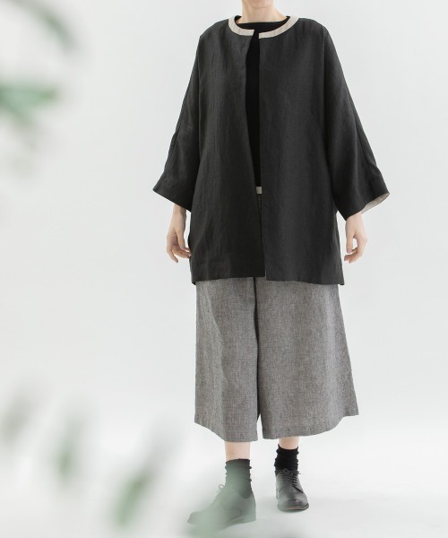 チチネオ_刺繍ノーカラージャケット　ロング nop de nod ジャケット ノーカラージャケット Cloche リネン