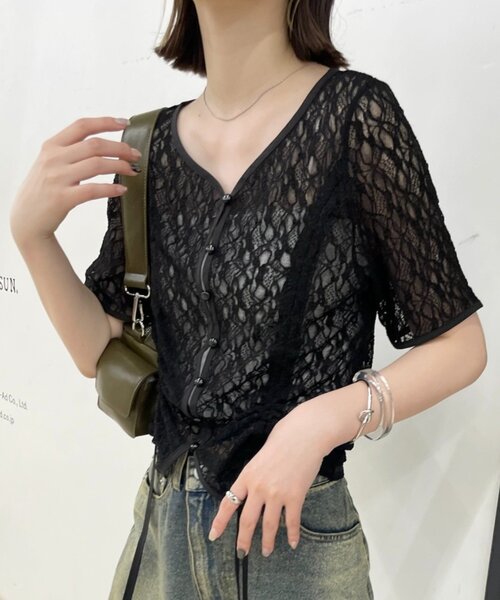 M-LINE シャツ ブラウス 「4色展開」「mline」半袖ドロストレース  