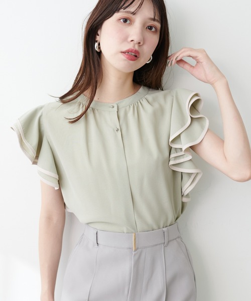 natural couture シャツ ブラウス 配色ラッフルスリーブブラウス
