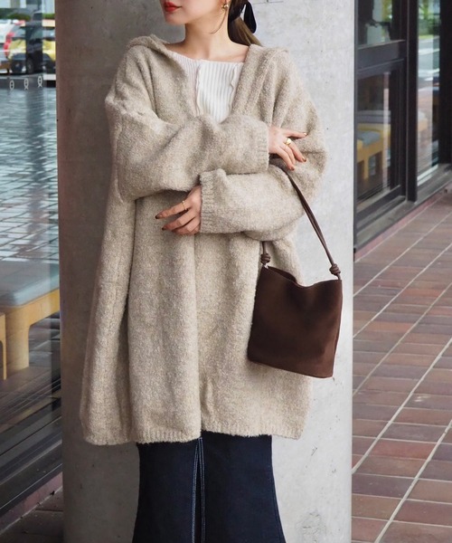ウール ロング ニットカーディガン フード パーカー フーデッドコート コットン カーディガン hooded knit over cardigan /フーデットロング ニット