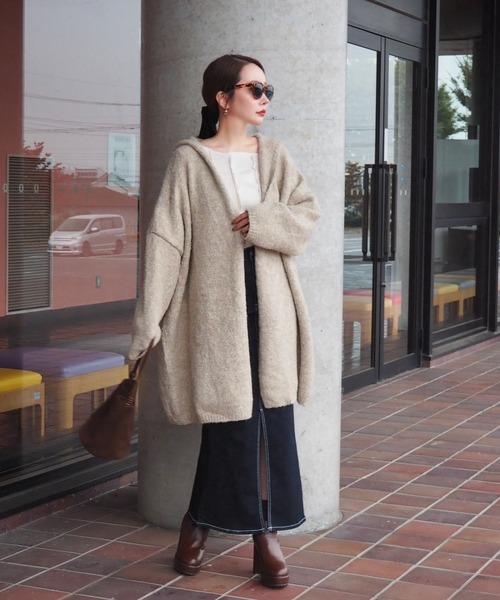 ウール ロング ニットカーディガン フード パーカー フーデッドコート コットン カーディガン hooded knit over cardigan /フーデットロング ニット
