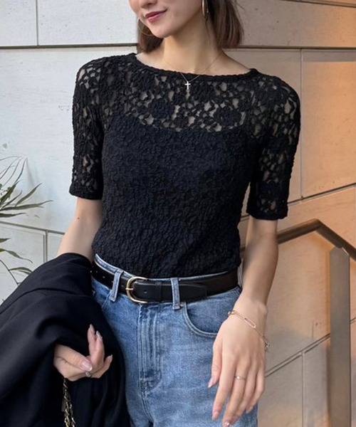 anuans tシャツ シュリンクレースボートネックトップス