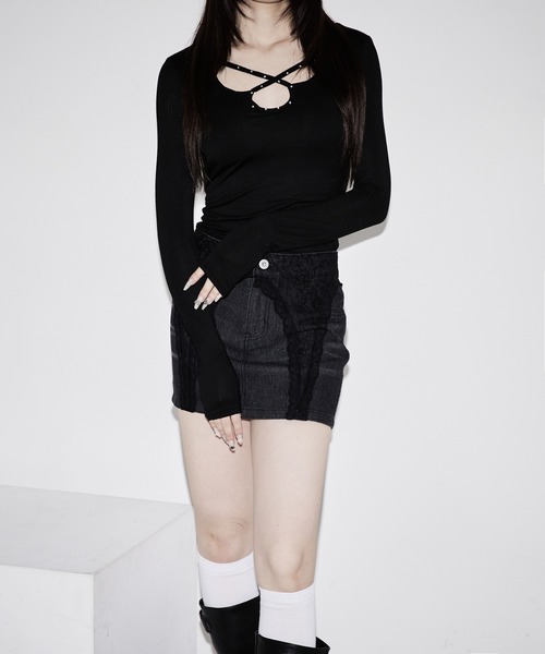 AWL Ellno de Mavie デニムスカート lace docking denim mini skirt