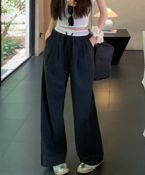 ACRARDIC ストリート チェック ベルト付 ワイド ロングパンツ チェック柄パンツハイウエストワイドパンツ[品番：AGCW0006100