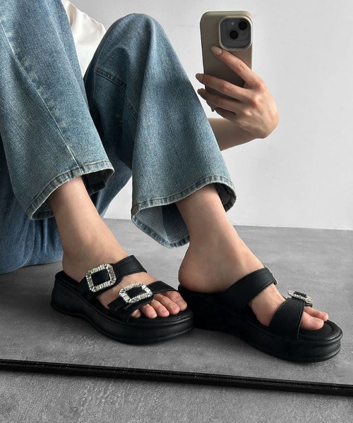 LOWO 厚底 サンダル ビジュー バックル 厚底 サンダル レディース