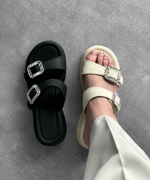 LOWO 厚底 サンダル ビジュー バックル 厚底 サンダル レディース