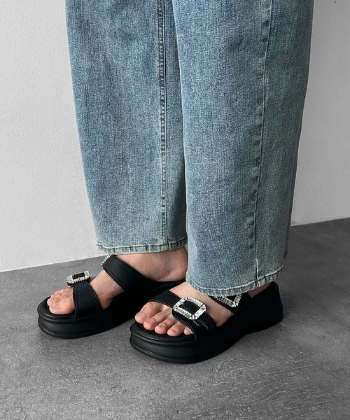 【マッキントッシュ】美品 厚底レザーサンダル 黒 ビジュー バックル 23cm LOWO 厚底 サンダル ビジュー バックル 厚底 サンダル レディース