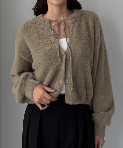Louere（ルエレ） カーディガン ショート丈シャギーリボンニット
